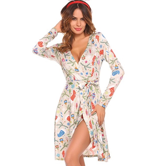 Christmas Festive Holiday Print V-Neck Wrap Dress - Picture 3 of 7